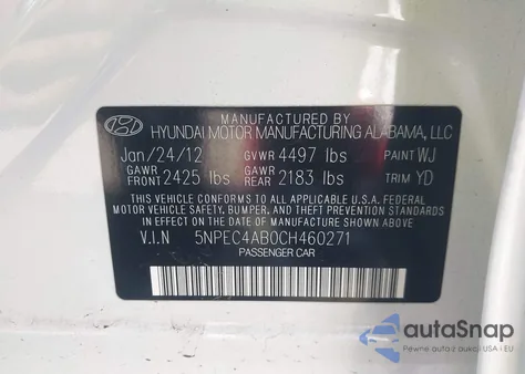 2012 Hyundai Sonata Limited 2.0T z USA, uszkodzony, nr VIN 5NPEC4AB0CH460271